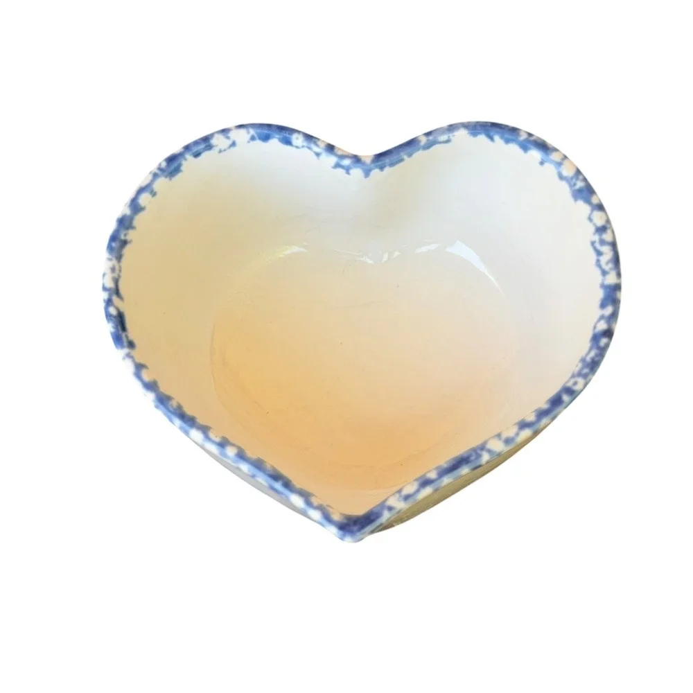 Blue Spongeware Ceramic Chip and Dip Set Heart Bowl Round Platter Farmhouse